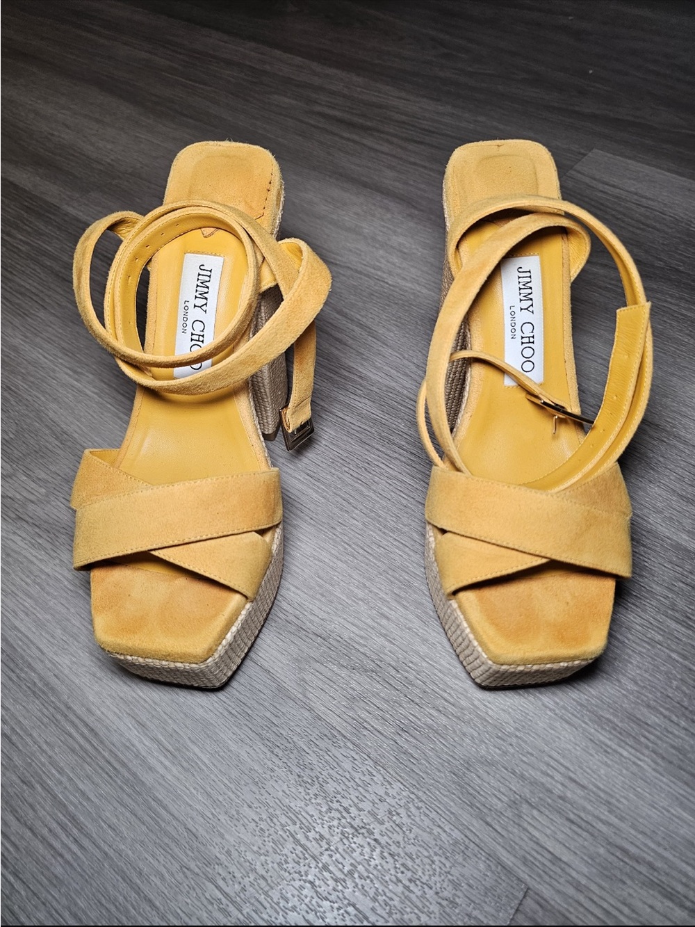Jimmy Choo Mustard Suede Platform Block Heel Sandals - Picture 8 of 10